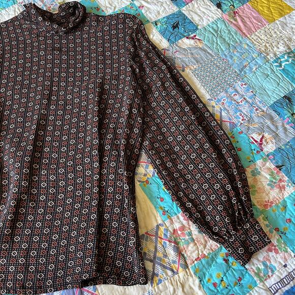 Vintage 70s/80s DONCASTER Geo Print Balloon Sleeve Mockneck Equestrian Blouse M - Picture 2 of 5